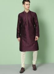 House of Pataudi Men Burgundy & Off White Self Design Kurta with Churidar