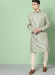 House of Pataudi Men Turquoise Blue & Beige Woven Design Straight Kurta