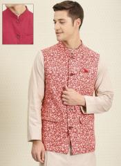 House Of Pataudi Red & White Printed Reversible Nehru Jacket men