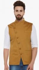 Hypernation Mustard Yellow Solid Waistcoat men