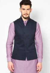 I Know Solid Navy Blue Ethnic Jacket men