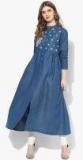 Imara Blue Solid Embroidered A Line Dress Women