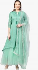 Inddus Sea Green Solid Kurta With Skirt & Dupatta women