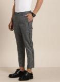 Invictus Black Slim Fit Checked Regular Cropped Trousers Men