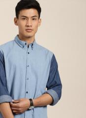 Invictus Blue Slim Fit Solid Casual Chambray Shirt men