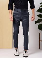 Invictus Charcoal Grey & Navy Slim Fit Checked Formal Trousers men