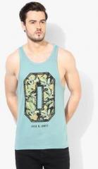 Jack & Jones Aqua Blue Printed Slim Fit Round Neck Vest men