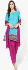 Jaipur Kurti Aqua Blue Printed Poly Cotton Salwar Kameez Dupatta women