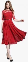 Jc Collection Red Coloured Embroidered Skater Dress women