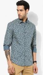 John Players Blue Printed Slim Fit Casual Shirt men