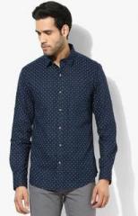 John Players Navy Blue Printed Slim Fit Casual Shirt men