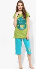 July Nightwear Green Printed Capri Set women