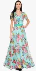 Just Wow Aqua Blue Coloured Printed Maxi Dress women