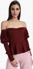 Kazo Maroon Solid Bardot Top women