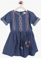 Kids On Board Blue Self Design Casual Dress girls