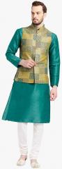 Kisah Teal Solid Kurta Pyjama With Ethnic Jacket men