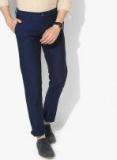 Louis Philippe Sport Navy Blue Solid Slim Fit Regular Trousers Men