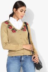 Madame Camel Brown Self Design Cardigan women