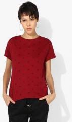 Mango Maroon Printed T Shirt women