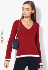 Mango Maroon Self Design Sweater women