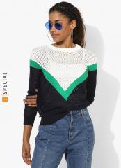 Mango White & Navy Blue Colourblocked Open Knit Pullover women