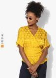 Mango Yellow Self Design Regular Top Women