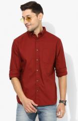 Marks & Spencer Maroon Solid Regular Fit Casual Shirt men