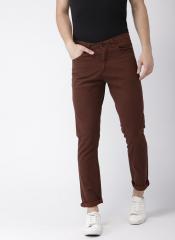 Mast & Harbour Rust Brown Skinny Fit Printed Regular Trousers men