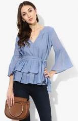 Miaminx Blue Solid Blouse With Belt women