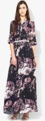 Miaminx Navy Blue Coloured Printed Maxi Dress With Belt women