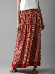 Moda Rapido Maroon & Beige Printed Maxi Flared Skirt