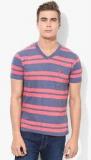 Monteil & Munero Aqua Blue Striped V Neck T Shirt Men