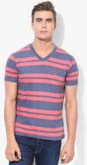 Monteil & Munero Aqua Blue Striped V Neck T Shirt men