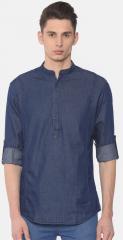 Nature Casuals Men Blue Chambray Solid Straight Kurta