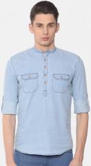 Nature Casuals Men Blue Solid Chambray Straight Kurta