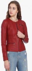 Only Maroon Solid Viscose Blend Winter Jacket women