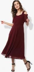 Only You Maroon Coloured Solid Skater Dress women