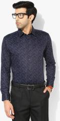 Oxemberg Navy Blue Printed Slim Fit Formal Shirt men