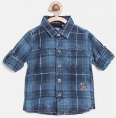 Palm Tree Blue Regular Fit Checked Chambray Shirt boys