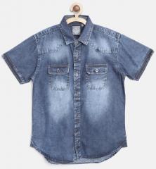 Palm Tree Blue Regular Fit Washed Denim Shirt boys