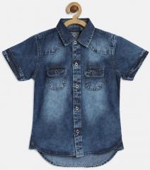 Palm Tree Navy Blue Faded Chambray Casual Shirt boys