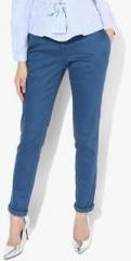 Park Avenue Blue Solid Slim Fit Chinos women