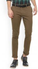 People Brown Slim Fit Solid Regular Trousers men