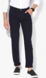 People Men Navy Blue Slim Fit Solid Trousers