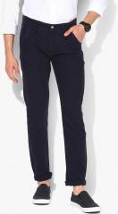 People Men Navy Blue Slim Fit Solid Trousers