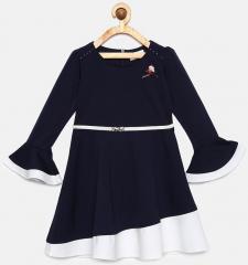 Peppermint Navy Blue Solid A Line Dress girls