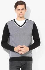 Phosphorus Black Herringbone V Neck Sweater men