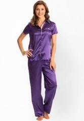 Prettysecrets Purple Button Front Short Sleeve Top And Pajama Nightwear Sets women