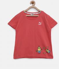 Puma Coral Orange Minions Solid Round Neck T shirt girls