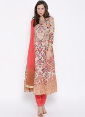 Rain & Rainbow Dusty Pink Printed A Line Churidar Kurta With Dupatta women